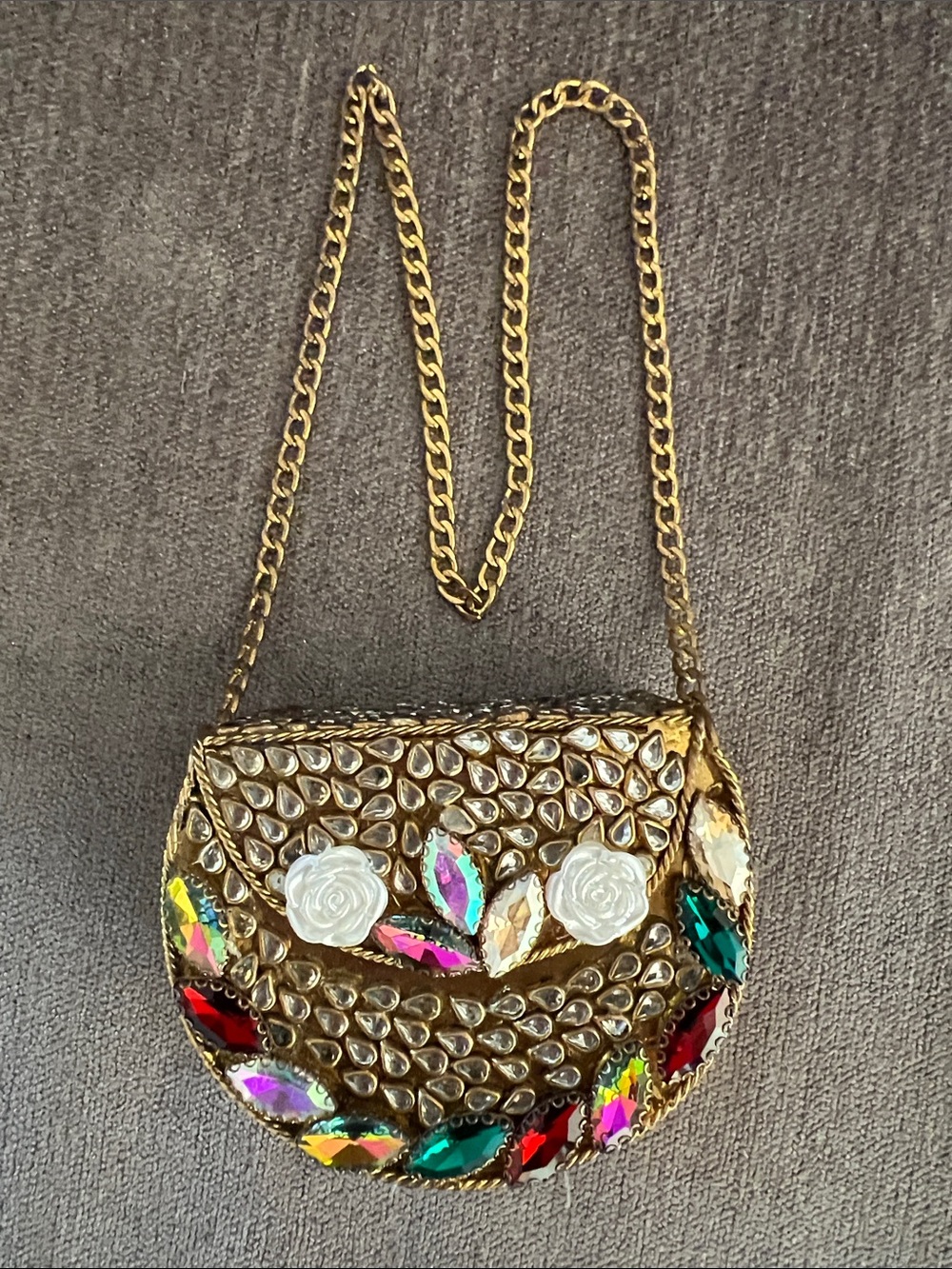 Gold Embellished Floral Evening Crossbody Bag